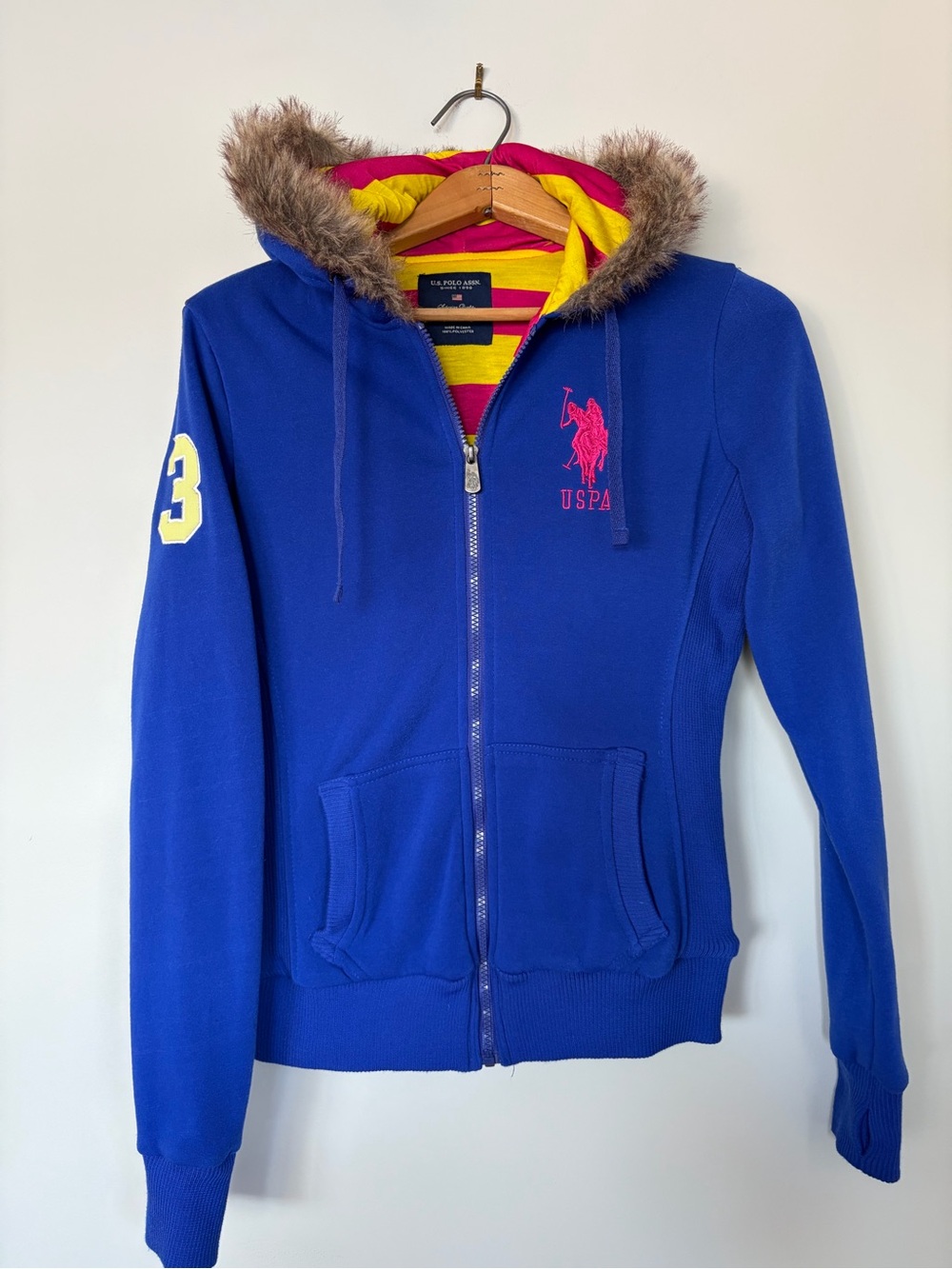 U.S. Polo Assn. Royal Blue Zip-Up Hoodie with Faux Fur Hood Striped Lining